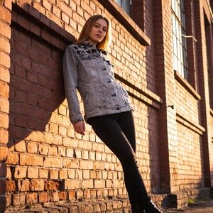 LulaRoe Women's Gray Jean Jacket with Black Stars XXS